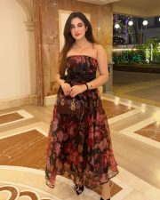 Sexy Actress Aditi B in a Black Strapless Floral Midi Dress Pictures 03