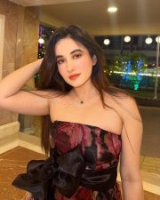 Sexy Actress Aditi B in a Black Strapless Floral Midi Dress Pictures 04