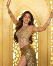 Sexy Belly Dancer Heli Daruwala in a Gold Two Piece Sequin Sheer Long Sleeved Top with a Matching Long Thigh Slit Skirt Pictures 05