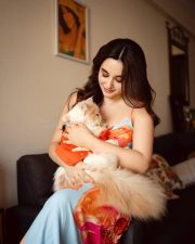 Sexy Nepali Model Aditi Budhathoki in an Orange and Blue Sleeveless Midi Dress Photos 03
