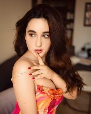 Sexy Nepali Model Aditi Budhathoki in an Orange and Blue Sleeveless Midi Dress Photos 04