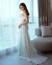 Stunning Aamna Sharif in a White Thigh Slit Maxi Dress Pictures 01