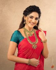 Tamil Actress Athulya Ravi in a Red Silk Saree Pictures 01