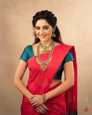 Tamil Actress Athulya Ravi in a Red Silk Saree Pictures 04