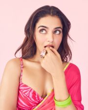 Beautiful Diva Wamiqa Gabbi in a Vibrant Chiffon Pink Saree with a Deep Neck Noodle Strap Blouse Photos 08