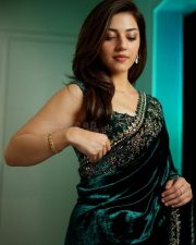 Beautiful Mehreen Pirzada in a Green Velvet Saree with Gold and Silver Embroidery Photos 05