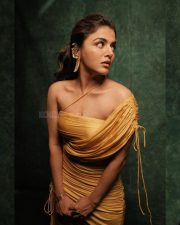 Beautiful Wamiqa Gabbi in a Yellow Ruched Satin Dress Photos 01