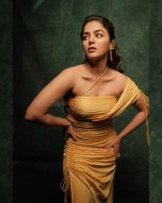 Beautiful Wamiqa Gabbi in a Yellow Ruched Satin Dress Photos 02