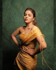 Beautiful Wamiqa Gabbi in a Yellow Ruched Satin Dress Photos 03