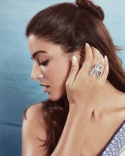 Charming Wamiqa Gabbi in a White Saree with Blue Butterfly Print and Navy Blue Blouse Photos 01