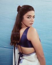 Charming Wamiqa Gabbi in a White Saree with Blue Butterfly Print and Navy Blue Blouse Photos 03