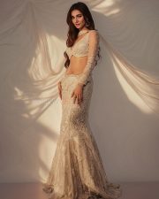 Dazzling Mukti Mohan in a Beige Sheer Long Sleeved Deep Cleavage Crop Top with Matching Long Skirt Pictures 03