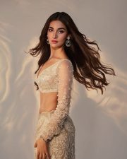 Dazzling Mukti Mohan in a Beige Sheer Long Sleeved Deep Cleavage Crop Top with Matching Long Skirt Pictures 04