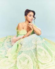 Genie Actress Wamiqa Gabbi in a Green Pink and Blue Lehenga with a Matching Cleavage Blouse Photos 01