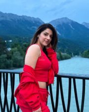 Gorgeous Mehreen Pirzada Navel in a Red Crop Top and Pants Photos 01