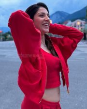 Gorgeous Mehreen Pirzada Navel in a Red Crop Top and Pants Photos 03