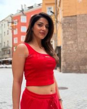 Gorgeous Mehreen Pirzada Navel in a Red Crop Top and Pants Photos 04