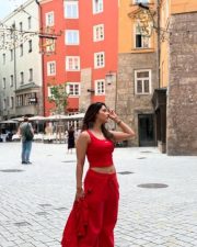 Gorgeous Mehreen Pirzada Navel in a Red Crop Top and Pants Photos 06