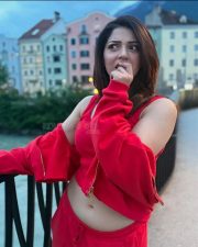 Gorgeous Mehreen Pirzada Navelin a Red Crop Top and Pants Photos 01