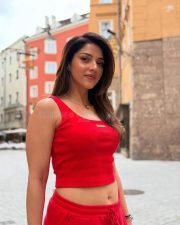 Gorgeous Mehreen Pirzada Navelin a Red Crop Top and Pants Photos 02