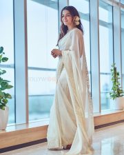 Graceful Wamiqa Gabbi in a White Chikankari Embroidered Saree Floral Border with Matching Sleeveless White Blouse 03