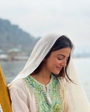 Iravaakaalam Actress Wamiqa Gabbi in a Light Ivory Green and Yellow Floral Embroidered Kurta with a White Sheer Dupatta Pictures 01