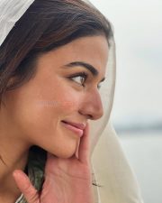 Iravaakaalam Actress Wamiqa Gabbi in a Light Ivory Green and Yellow Floral Embroidered Kurta with a White Sheer Dupatta Pictures 02