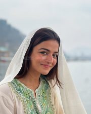 Iravaakaalam Actress Wamiqa Gabbi in a Light Ivory Green and Yellow Floral Embroidered Kurta with a White Sheer Dupatta Pictures 03