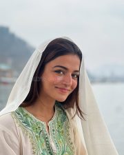 Iravaakaalam Actress Wamiqa Gabbi in a Light Ivory Green and Yellow Floral Embroidered Kurta with a White Sheer Dupatta Pictures 03