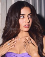 Irresistible Wamiqa Gabbi in a Purple Thigh Slit Ruffle Gown with Spaghetti Straps Photos 01