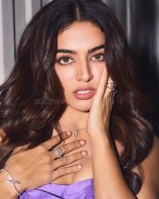 Irresistible Wamiqa Gabbi in a Purple Thigh Slit Ruffle Gown with Spaghetti Straps Photos 02