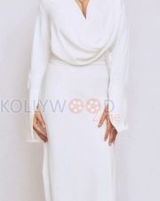 Polished Actress Wamiqa Gabbi in a White Draped Long Sleeve Dress Photos 02