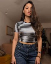 Project Love Actress Mahima Makwana in a Black and White Horizontal Striped Short Sleeved Crop Top with a High Waisted Blue Jeans Pictures 01 Project Love Actress Mahima Makwana in a Black and White Horizontal Striped Short Sleeved Crop Top with a High Waisted Blue Jeans Pictures 01