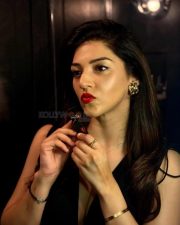 Sexy Mehreen Pirzada in a Black Cleavage Dress and Red Lipstick Photos 02