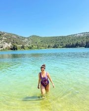 Sexy Mehreen Pirzada in a Blue Swimsuit Vacation Pictures 01