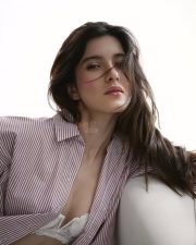Sexy Shanaya Kapoor in an Unbuttoned Shirt Lacy Bralette and Oversized Long Sleeve Shirt and Mid Rise Boxer Shorts Pictures 03