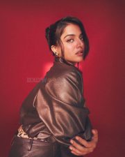 Striking Actress Wamiqa Gabbi in a Brown Leather Jacket Leopard Top Photos 01