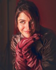 Striking Actress Wamiqa Gabbi in a Brown Leather Jacket Leopard Top Photos 03