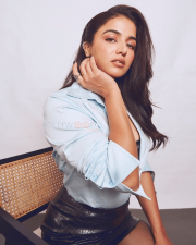 Striking Wamiqa Gabbi Legs in a Light Blue Shirt and Black Leather Skirt Photos 07
