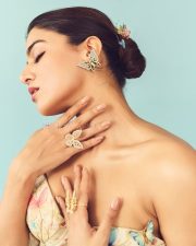 Stunning Wamiqa Gabbi in an Off Shoulder Pastel Embroidered Floral Butterfly Dress Pictures 01
