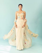 Stunning Wamiqa Gabbi in an Off Shoulder Pastel Embroidered Floral Butterfly Dress Pictures 02