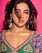 Stylish Wamiqa Gabbi in a Purple Embroidered Round Neck Lehenga Set Photos 03