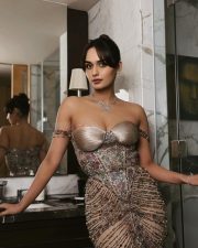 Tehran Actress Manushi Chhillar in a Sequin Off Shoulder Corset Style Maxi Dress Photos 05
