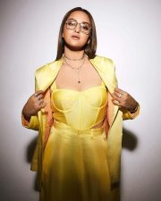 Uber Chic Sonakshi Sinha in Yellow Satin Pantsuit Photos 01