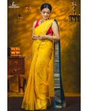 Actress Janani Iyer in a Traditional Yellow Saree Photoshoot Pictures 03