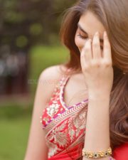 Cute Actress Krithi Shetty in a Vibrant Red Saree with Gold and Red Border Pictures 02