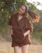 Cute Sanjeeda Sheikh in a Brown Winter Dress Photos 03
