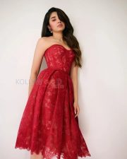 Enchanting Actress Krithi Shetty in a Red Lace Strapless Corset Midi Gown Photos 03