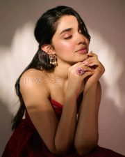 Enchanting Actress Krithi Shetty in a Red Lace Strapless Corset Midi Gown Photos 04