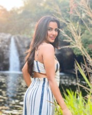Gorgeous Priya Anand in a Blue and White Stripes Dress Photos 01